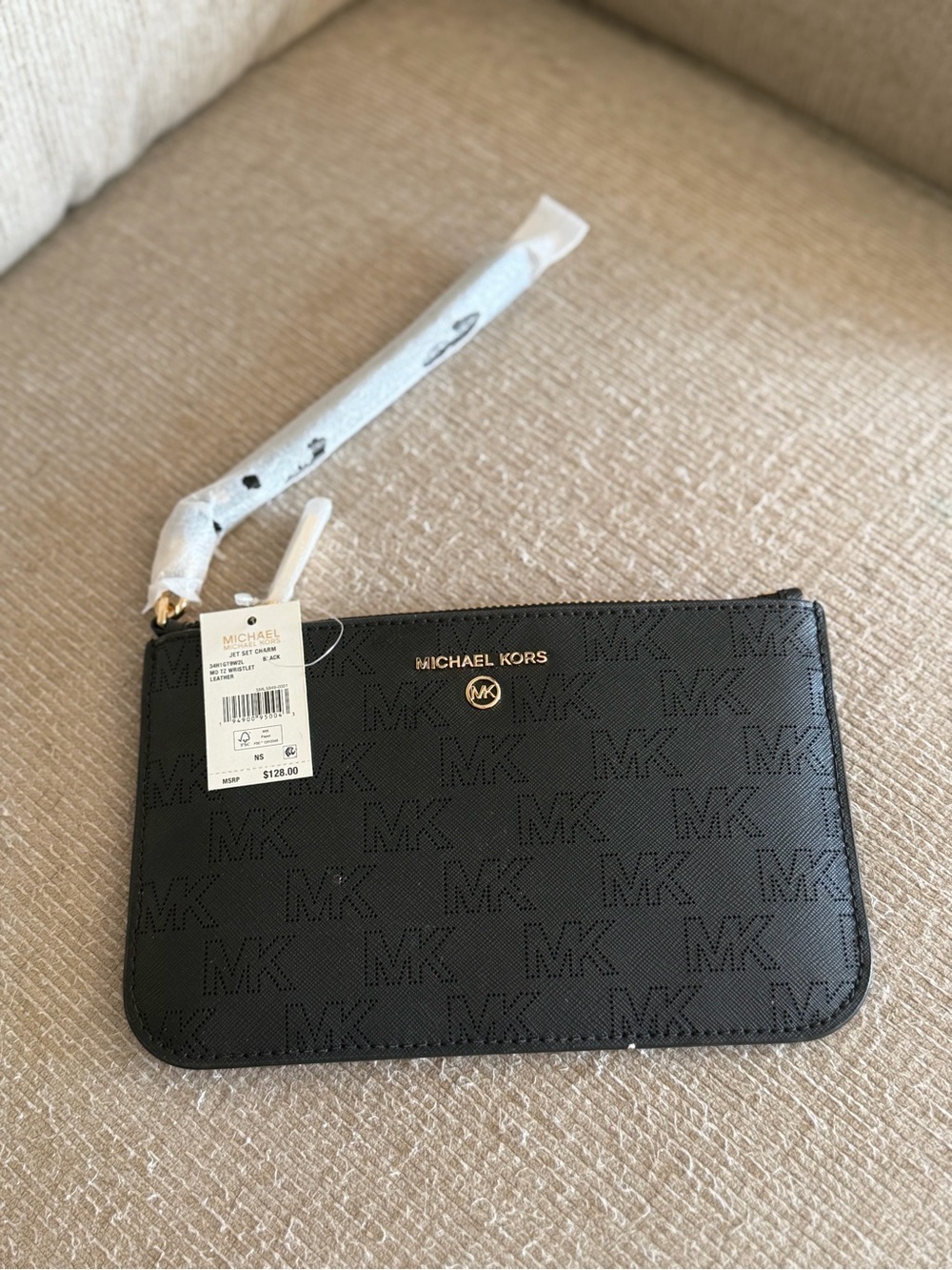 Michael Kors Black MK Logo Wristlet with Gold Accents